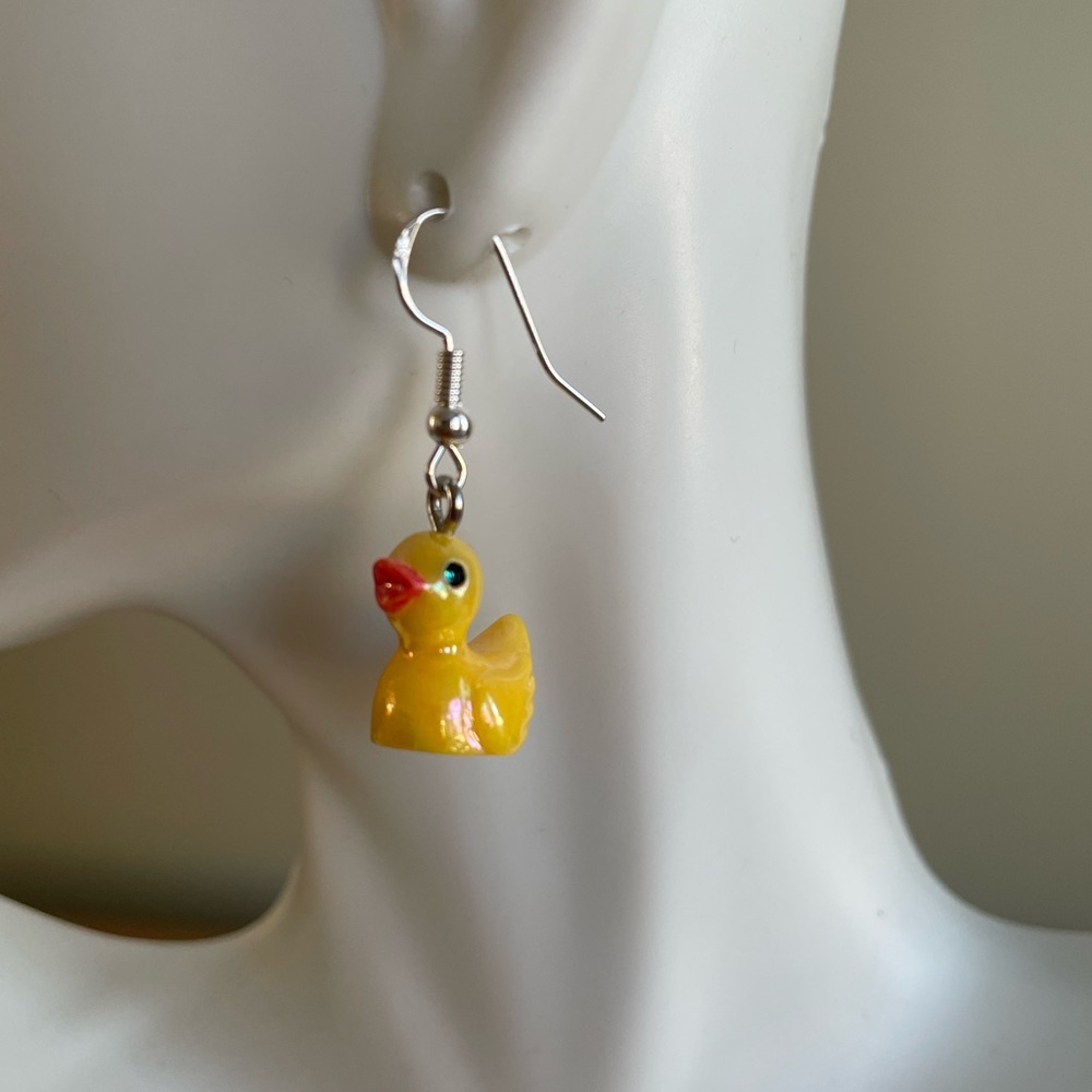 HAND CRAFTED “RUBBER DUCKY” EARRINGS Yellow Acrylic Ducks Miniature Novelty Fun